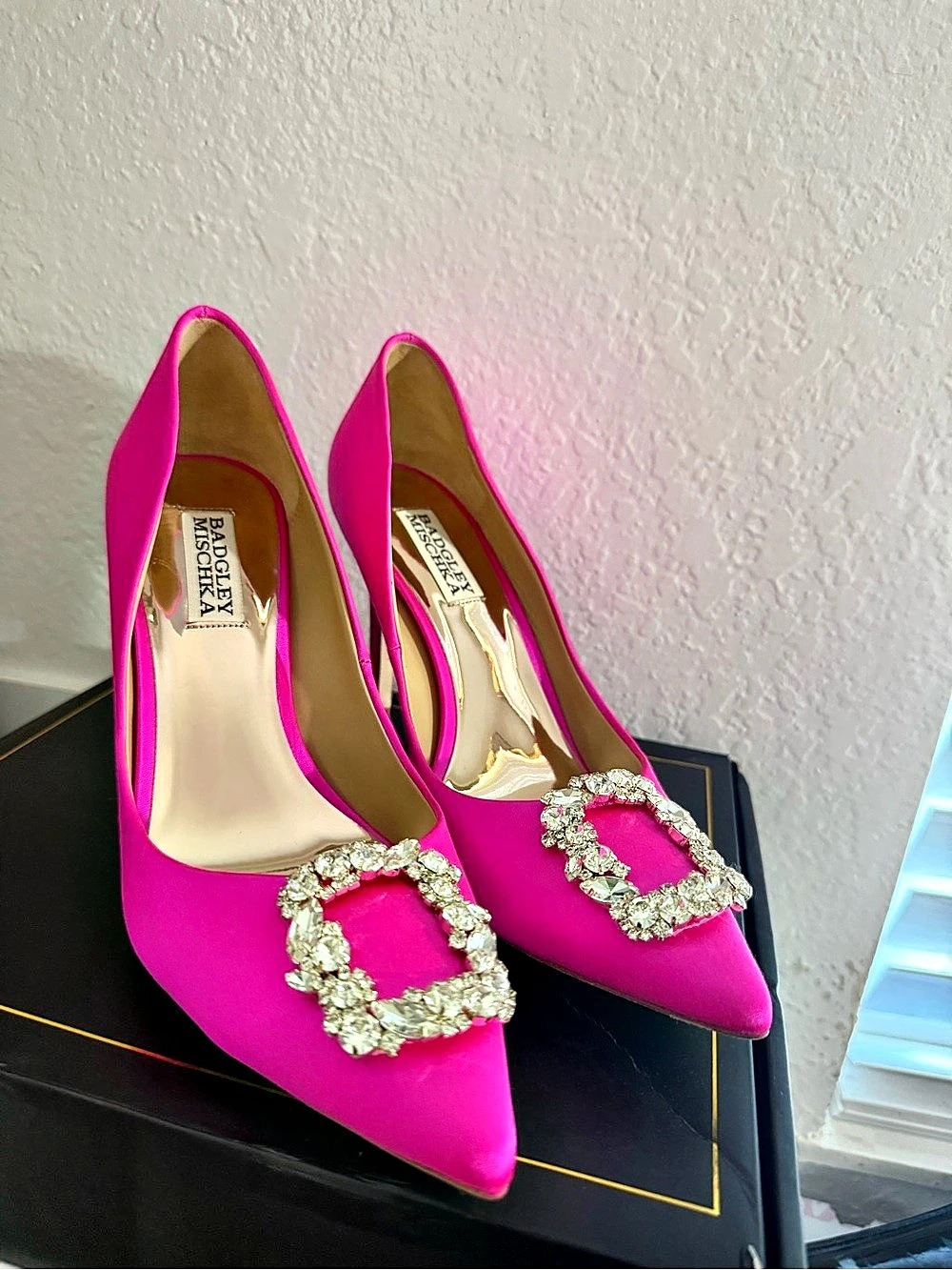 BADGLEY MISCHKA Kiara Jeweled Buckle Heels in Pink